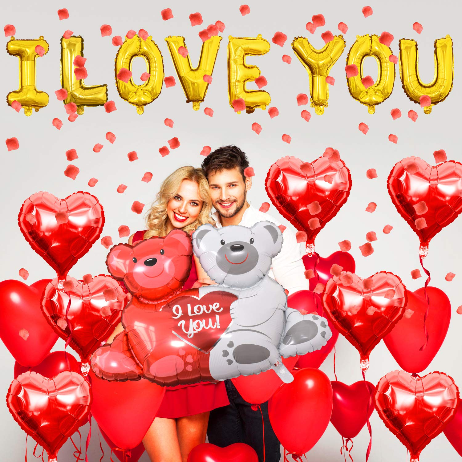 Tayuvira I Love You Balloons And Red Heart Balloons Set ，Heart Balloons Kit With 1000 Pcs Dark-Red Silk Rose .I Love You Decoration For Anniversary Confession Proposal Wedding Valentine Day