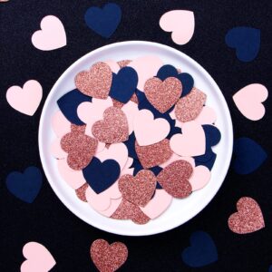 Navy-Blue Pink Rose-gold Heart Confetti - 300pcs Valentines Day Decor Glitter Paper Dots Gender Reveal Graduations Wedding Bachelorette Engagement Birthday Party Table Decorations Lasting Surprise