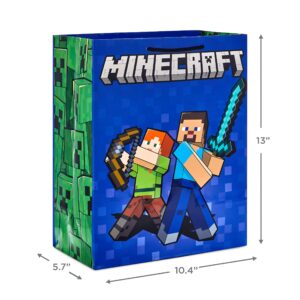 Hallmark Minecraft Gift Bag Bundle (2 Bags: 13" Large Blue Bag, 15" Extra Large Green) for Birthdays, Christmas, Valentine's Day, Halloween, Kids Parties