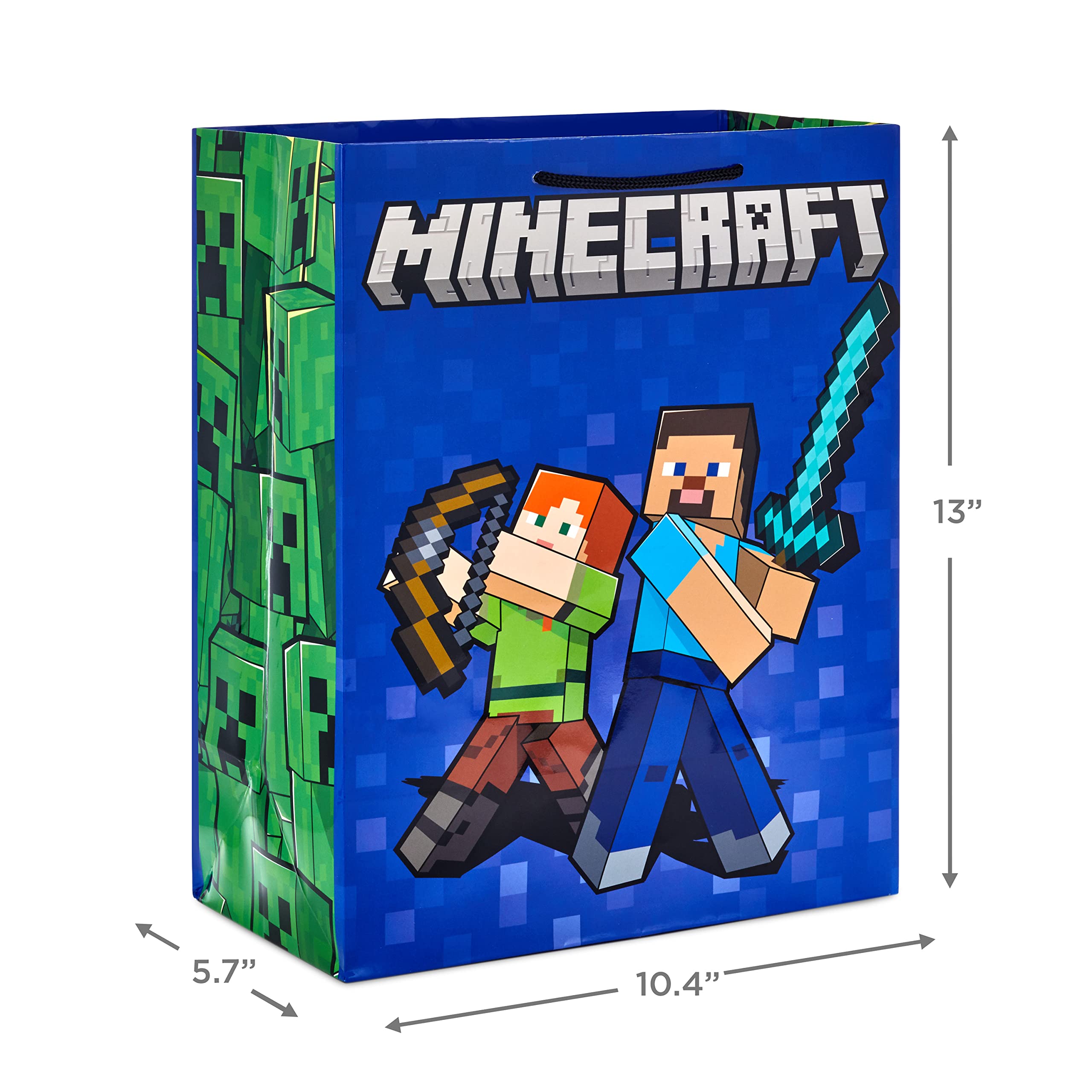 Hallmark Minecraft Gift Bag Bundle (2 Bags: 13" Large Blue Bag, 15" Extra Large Green) for Birthdays, Christmas, Valentine's Day, Halloween, Kids Parties