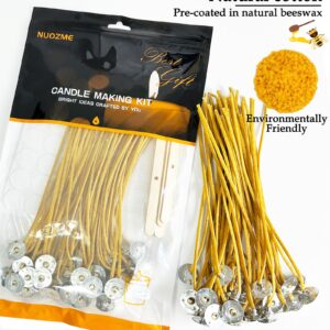 Nuozme 50 Pcs 6" Natural Candle Wicks,Pre-Waxed by 100% Beeswax & Tabbed with 60Pcs Candle Wick Stickers and 5 Pcs Wooden Candle Wick Centering Device, for Candle Making，Candle DIY