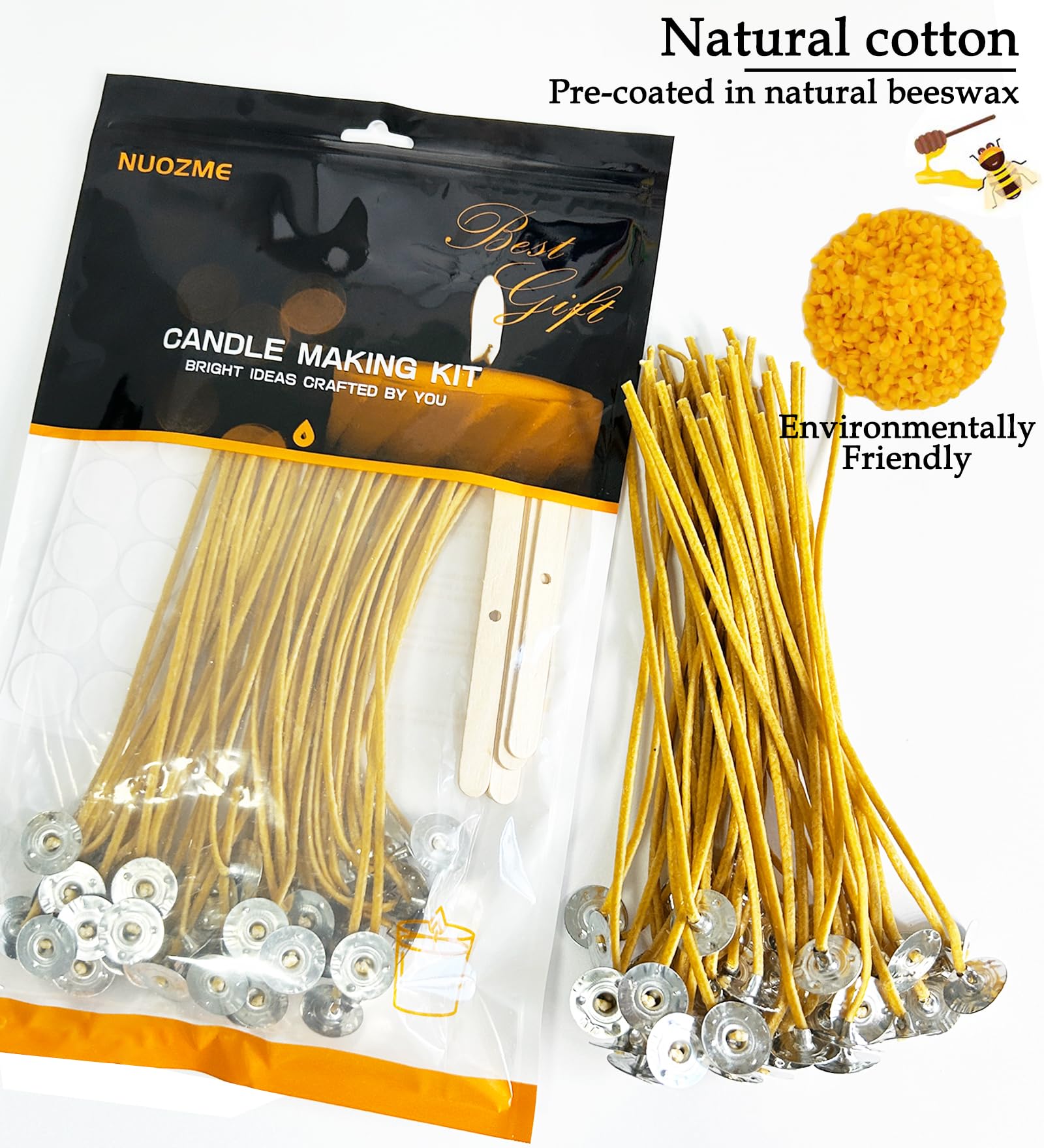 Nuozme 50 Pcs 6" Natural Candle Wicks,Pre-Waxed by 100% Beeswax & Tabbed with 60Pcs Candle Wick Stickers and 5 Pcs Wooden Candle Wick Centering Device, for Candle Making，Candle DIY