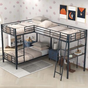 metal triple bunk bed with desk and shelf, l-shaped bunk bed for 3 kids teens adults, twin over twin bunk bed with a twin size loft bed attached – brown