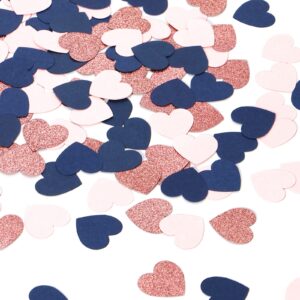 Navy-Blue Pink Rose-gold Heart Confetti - 300pcs Valentines Day Decor Glitter Paper Dots Gender Reveal Graduations Wedding Bachelorette Engagement Birthday Party Table Decorations Lasting Surprise