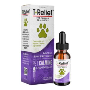 t-relief pet calming drops natural comfort remedy & nervousness relief with chamomile + 9 homeopathic stress relieving active ingredients - relaxing herbal blend for dog & cat - 1.69 oz