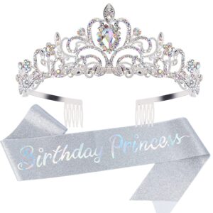 velscrun princess crown, happy birthday girl tiara, birthday princess sash crowns for women, princess cake topper headband, birthday princess party decorations accessories for girls gifts