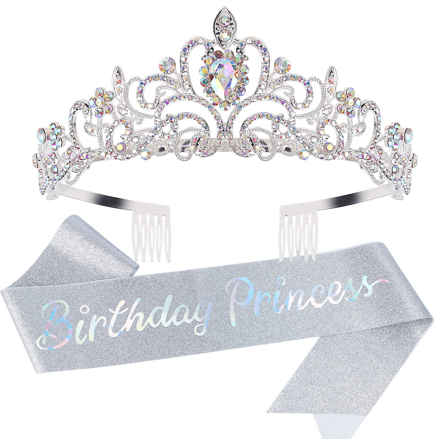 Velscrun Princess Crown, Happy Birthday Girl Tiara, Birthday Princess Sash Crowns for Women, Princess Cake Topper Headband, Birthday Princess Party Decorations Accessories for Girls Gifts