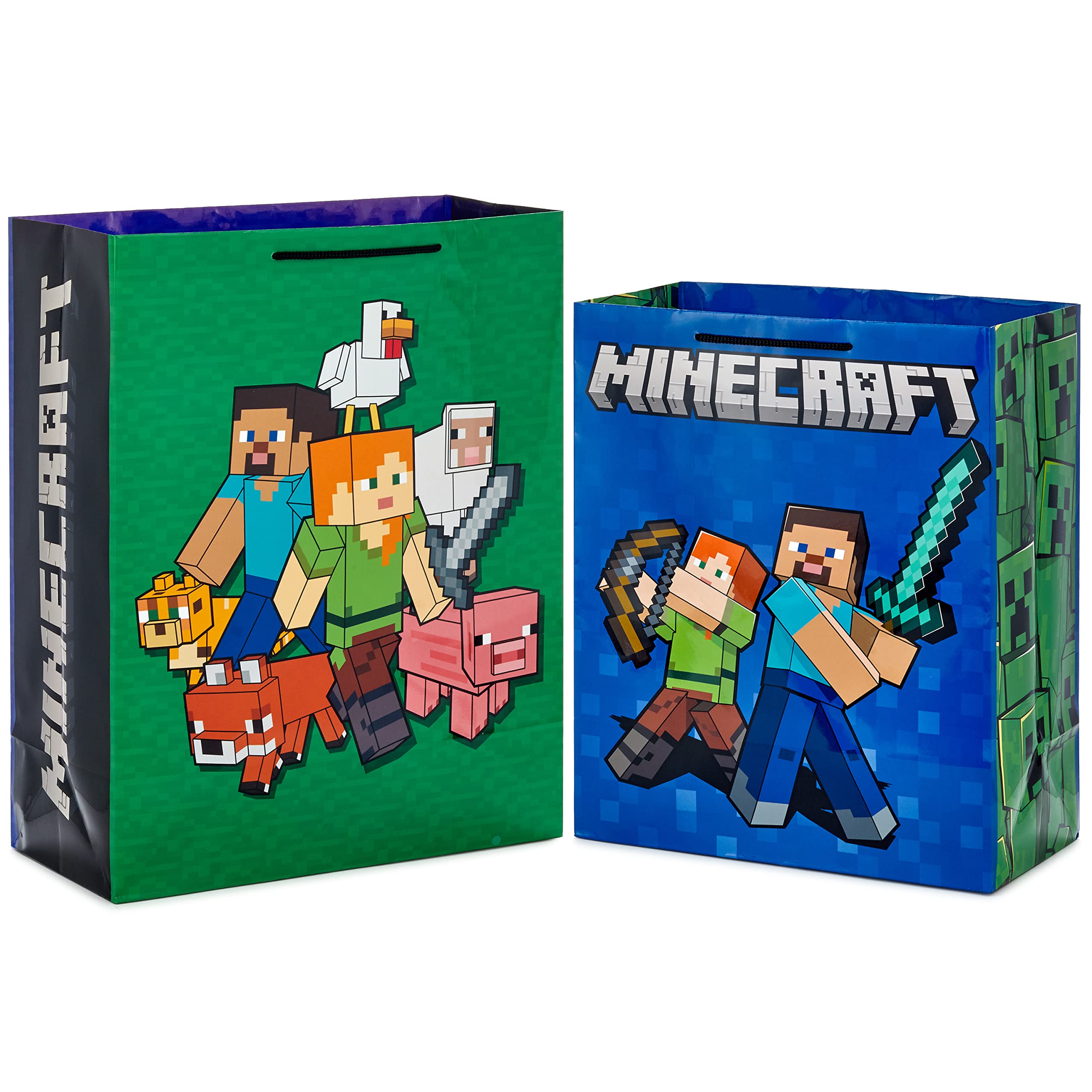 Hallmark Minecraft Gift Bag Bundle (2 Bags: 13" Large Blue Bag, 15" Extra Large Green) for Birthdays, Christmas, Valentine's Day, Halloween, Kids Parties