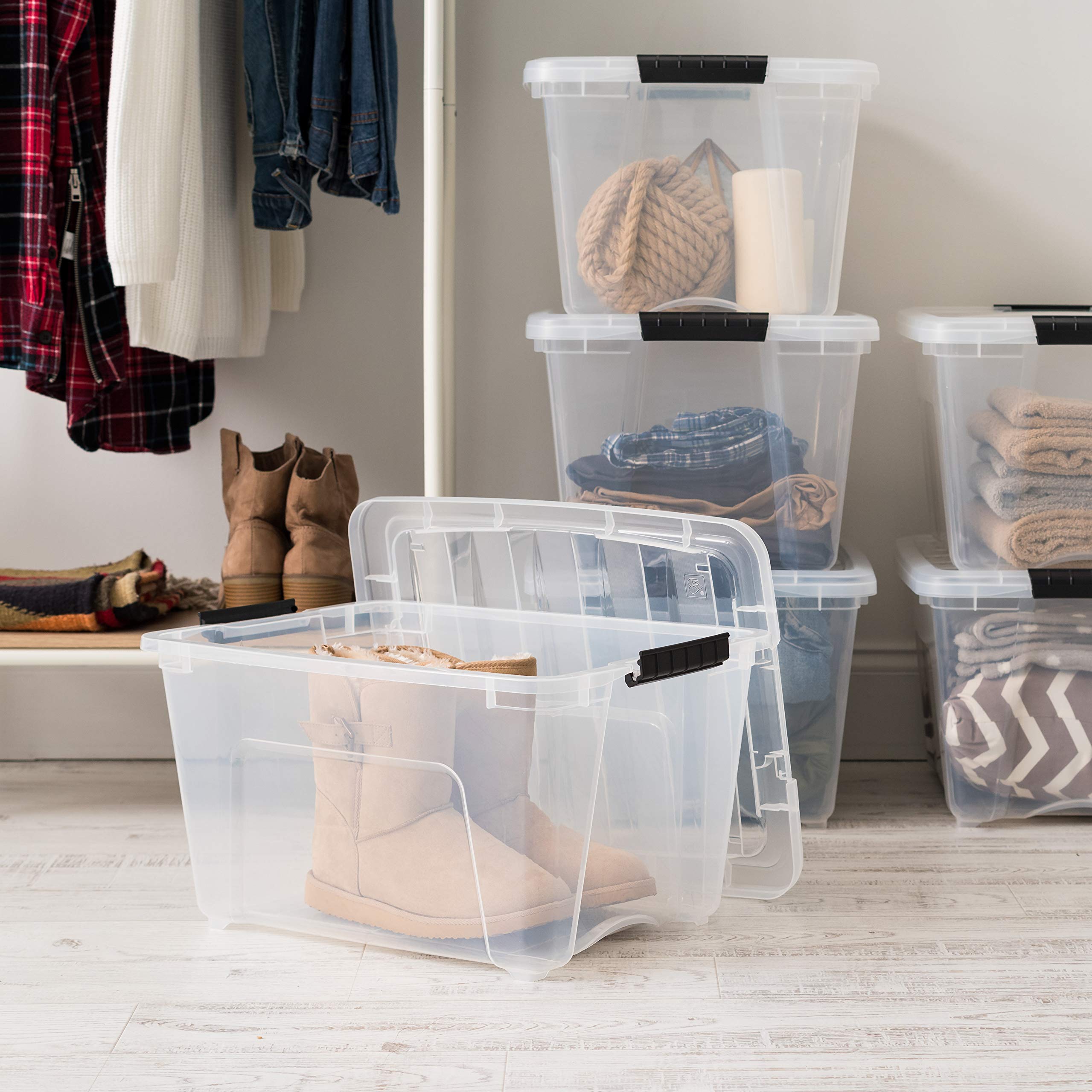 IRIS USA 32 Quart Stackable Plastic Storage Bins with Lids and Latching Buckles, 4 Pack - Clear, Containers with Lids and Latches, Durable Nestable Closet, Garage, Totes, Tubs Boxes Organizing