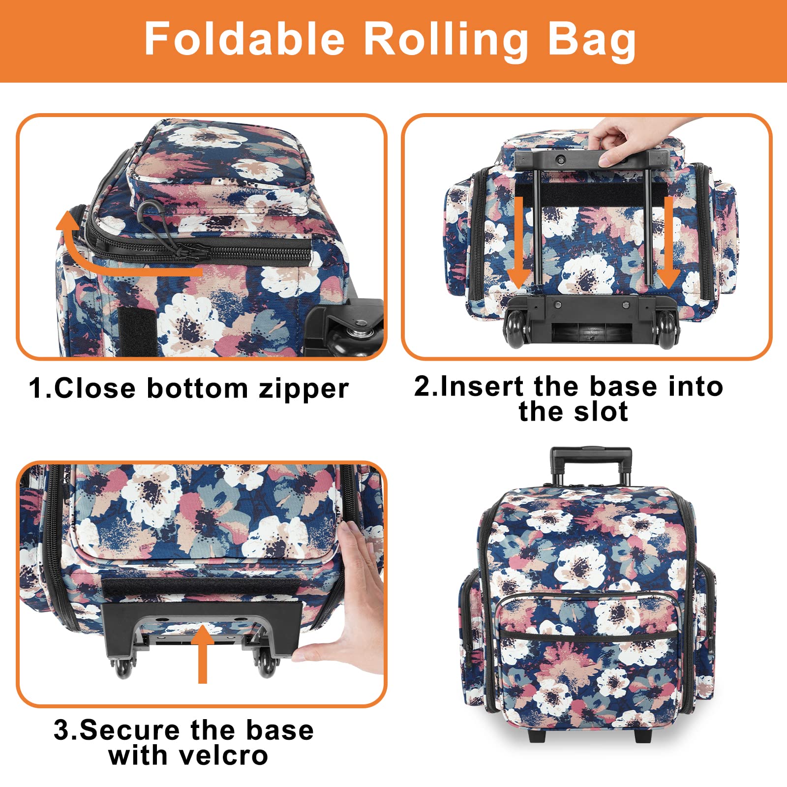 YOREPEK Rolling Craft Bag, Large Roller Scrapbook Tote with Wheels, Water Resistant Scrapbooking Storage Organizer for Scrap Book Stickers Supplies and Tools, Gift for Crafter Artist Teacher, Floral