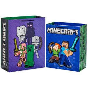 Hallmark Minecraft Gift Bag Bundle (2 Bags: 13" Large Blue Bag, 15" Extra Large Green) for Birthdays, Christmas, Valentine's Day, Halloween, Kids Parties