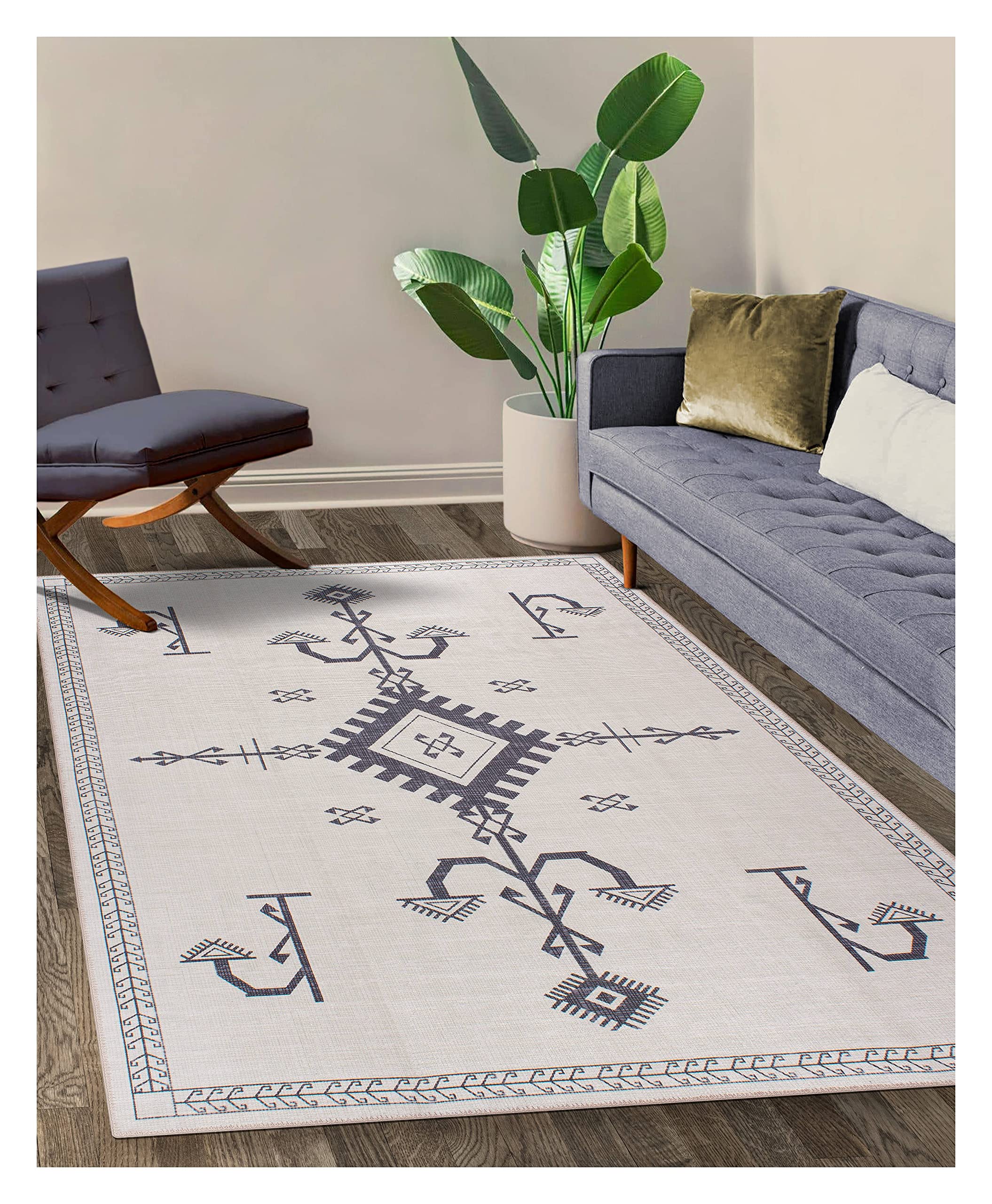 GLN Rugs Bohemian Collection - Machine Washable Area Rug, Bohemian Vintage Washable Rug, Non Slip Area Rug, Low Pile Chenille Living Room Rug, Bedroom Rug, Bathroom Rug (2'x3' Beige Rug)