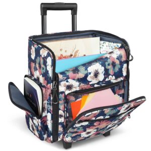 yorepek rolling craft bag, large roller scrapbook tote with wheels, water resistant scrapbooking storage organizer for scrap book stickers supplies and tools, gift for crafter artist teacher, floral