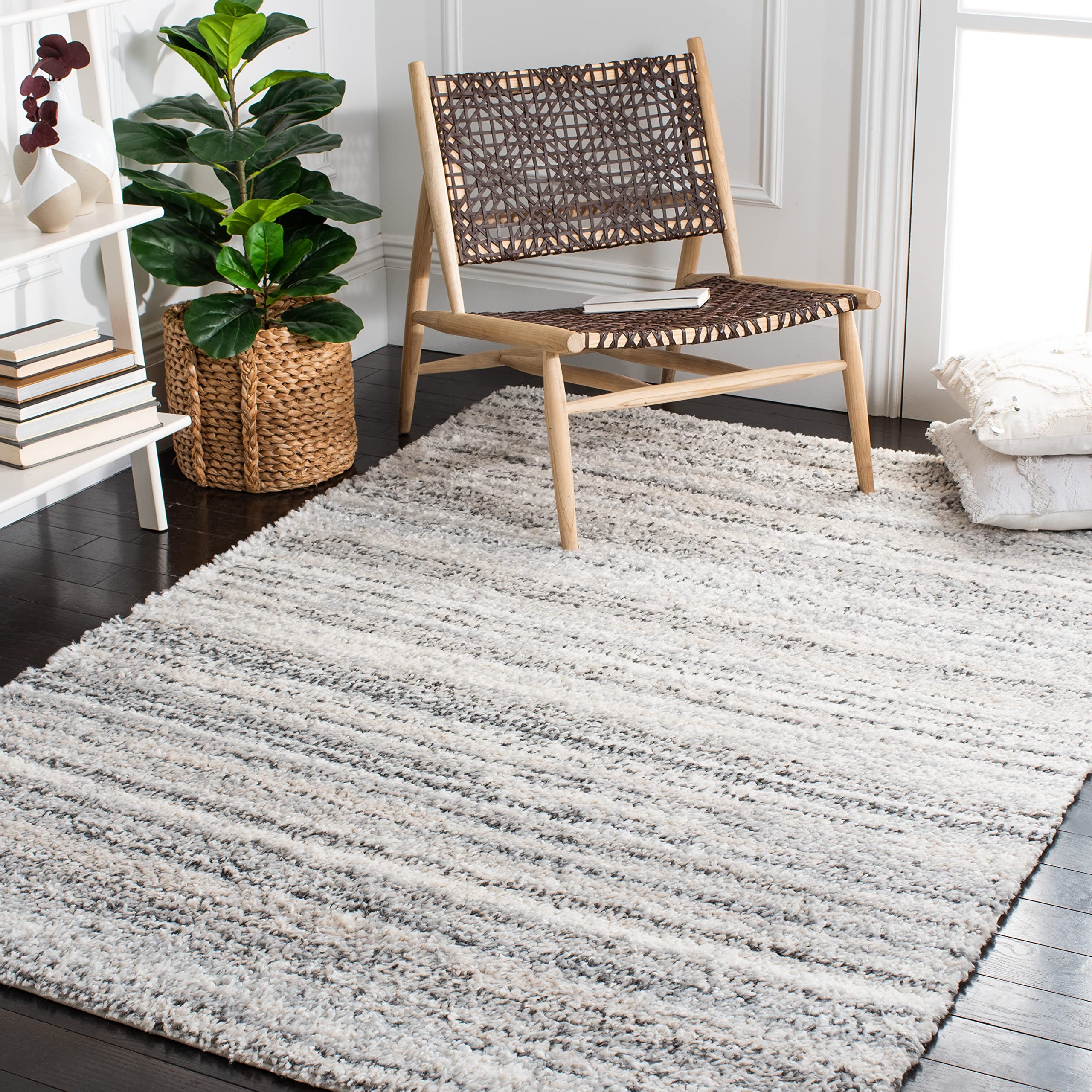 SAFAVIEH Berber Shag Collection Area Rug - 9' x 12', Grey & Ivory, Stripe Design, Non-Shedding & Easy Care, 1.2-inch Thick Ideal for High Traffic Areas in Living Room, Bedroom (BER406F)