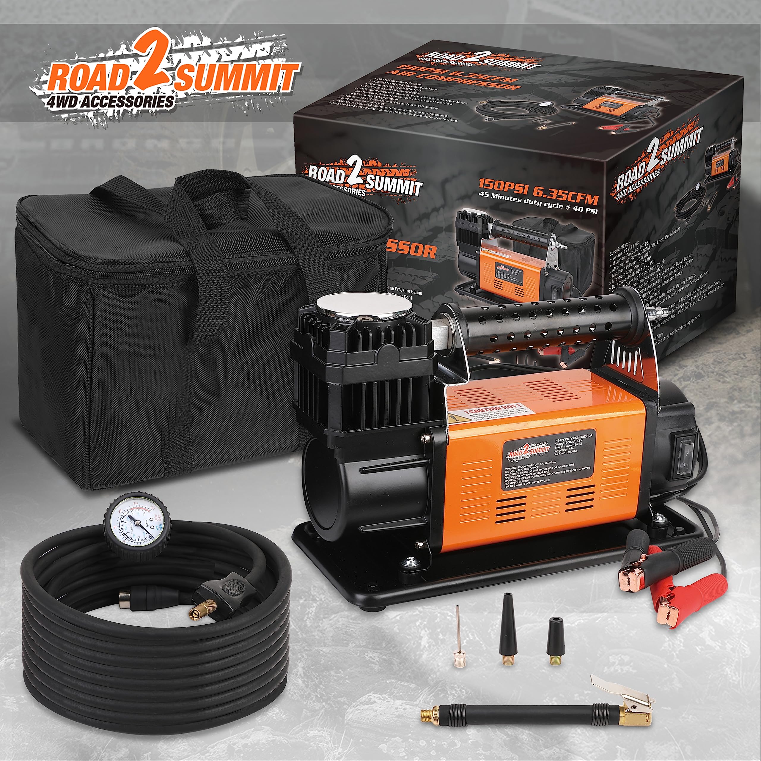 Heavy Duty Portable 12V Air Compressor Kit Inflate 6.35CFM (180L/ Min), Max 150PSI, Off-Road Air Compressor Kit for 4x4 Vehicle RV, Air Pump for ATVS Tire, for Car and SUV Tire, ROAD2SUMMIT