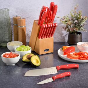 Oster Scottsdale Stainless Steel Kitchen Knife Cutlery Block Set (14-Piece), Red