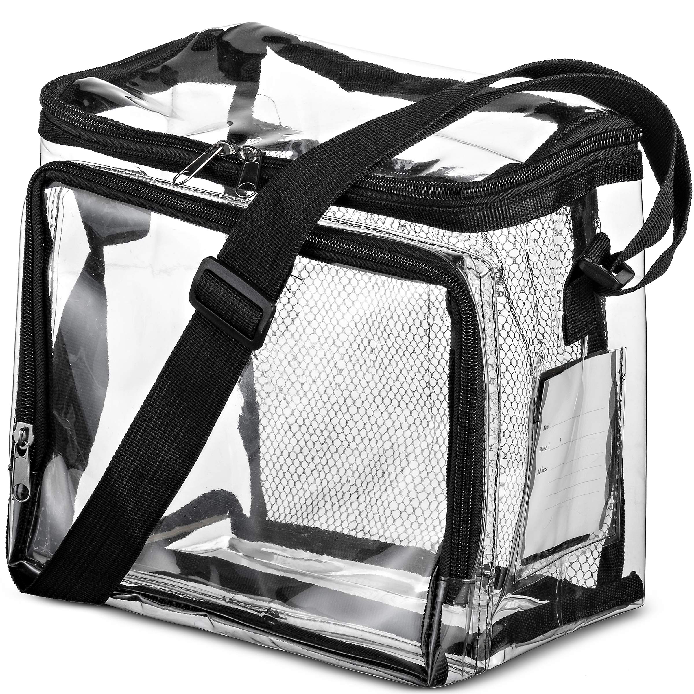 SP HOME GOODS Clear Tote Bag Stadium Approved Lunch Bag for Men and Women with Adjustable Shoulder Strap, Mesh Pockets, Zipper Closure (Black 2 Pack)