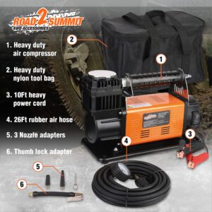 Heavy Duty Portable 12V Air Compressor Kit Inflate 6.35CFM (180L/ Min), Max 150PSI, Off-Road Air Compressor Kit for 4x4 Vehicle RV, Air Pump for ATVS Tire, for Car and SUV Tire, ROAD2SUMMIT