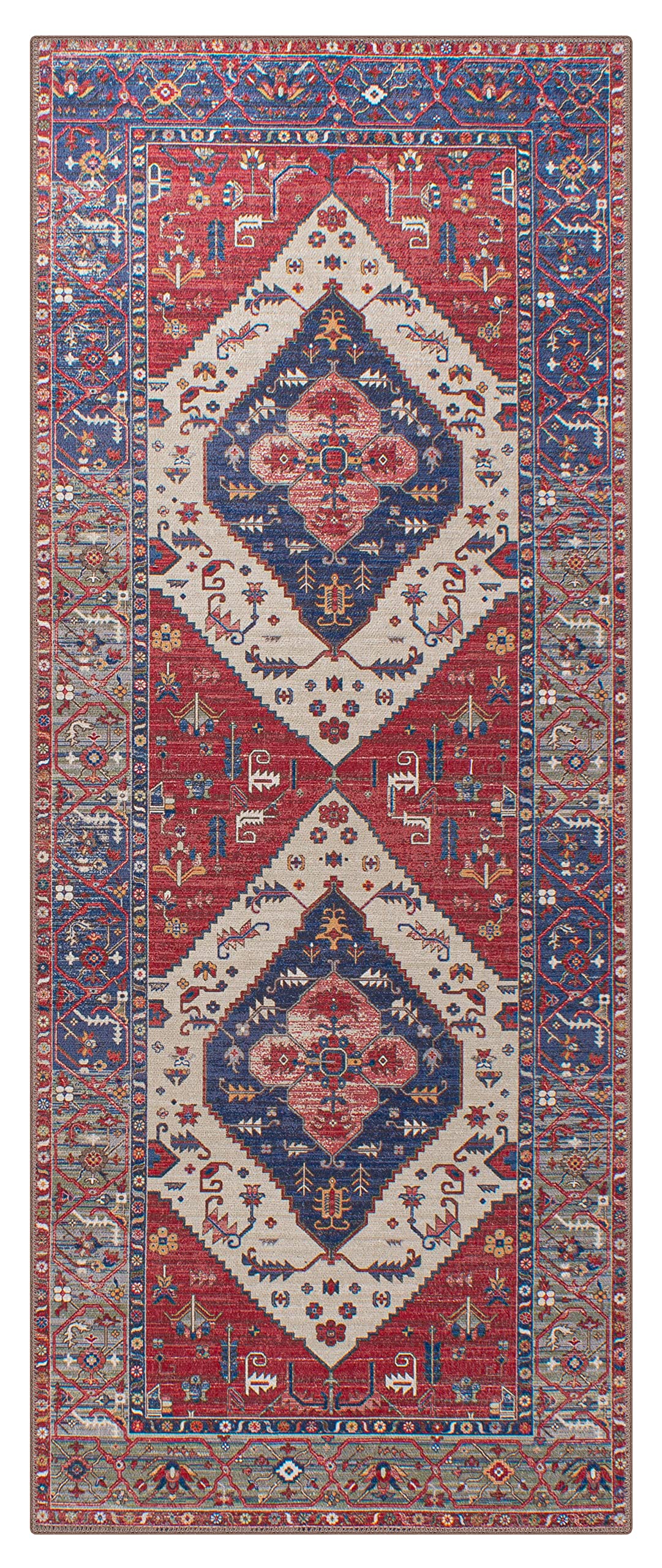 GLN Rugs Vintage Collection - Machine Washable Area Rug, Vintage Washable Rug, Non Slip Area Rug, Low Pile Living Room Rug, Bedroom Rug, Bathroom Rug - Easy Clean (2'x3' Red Rug)