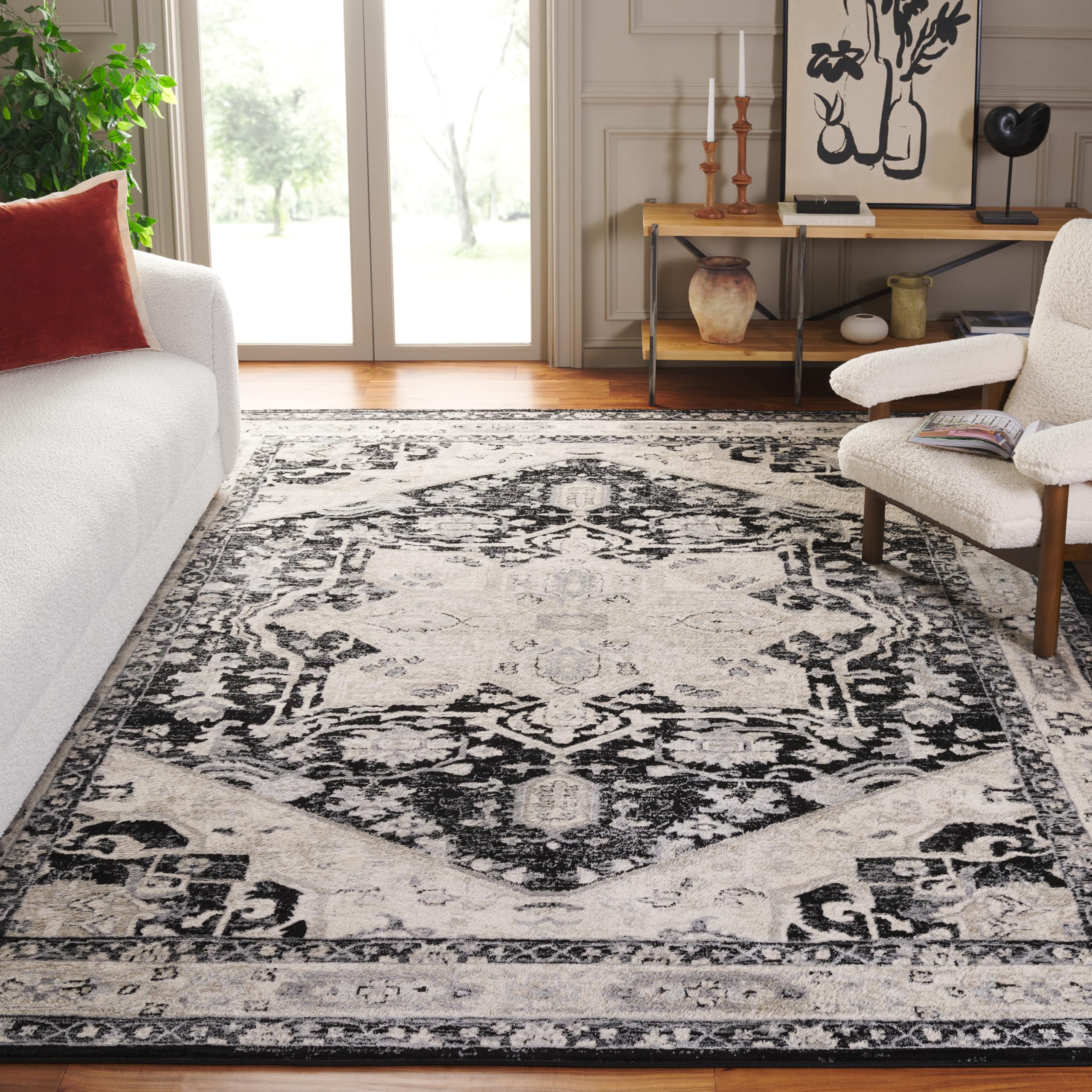 SAFAVIEH Brentwood Collection 10' x 13' Black/Ivory BNT852Z Medallion Distressed Non-Shedding Living Room Dining Bedroom Area Rug