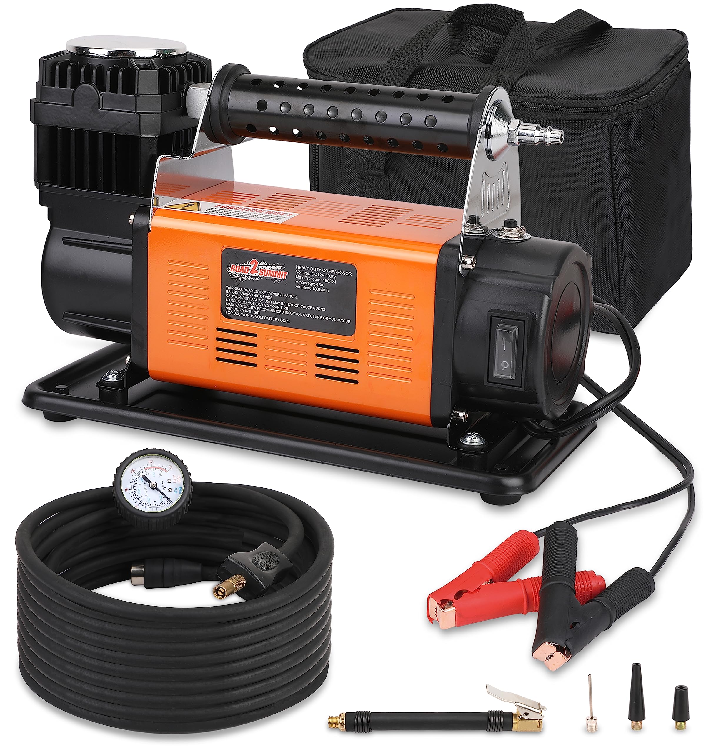 Heavy Duty Portable 12V Air Compressor Kit Inflate 6.35CFM (180L/ Min), Max 150PSI, Off-Road Air Compressor Kit for 4x4 Vehicle RV, Air Pump for ATVS Tire, for Car and SUV Tire, ROAD2SUMMIT