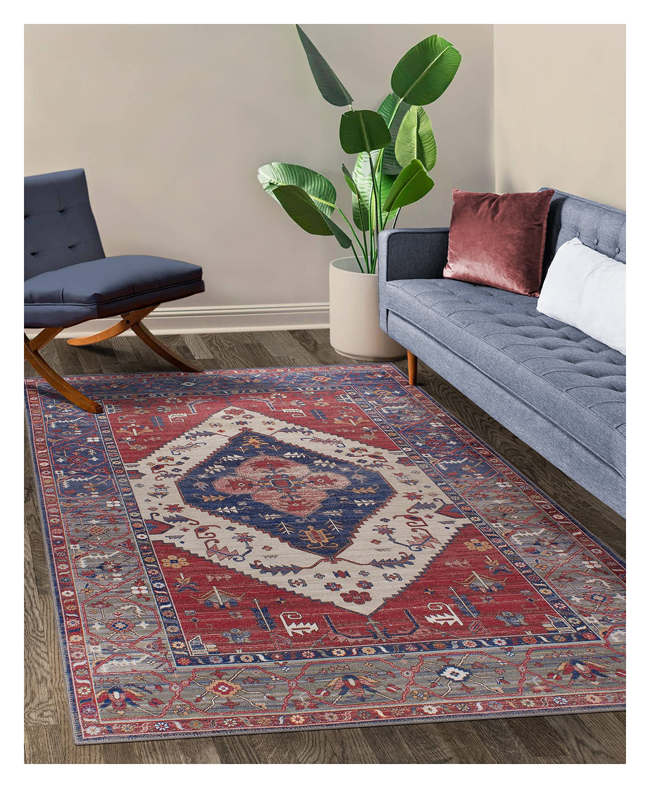 GLN Rugs Vintage Collection - Machine Washable Area Rug, Vintage Washable Rug, Non Slip Area Rug, Low Pile Living Room Rug, Bedroom Rug, Bathroom Rug - Easy Clean (2'x3' Red Rug)