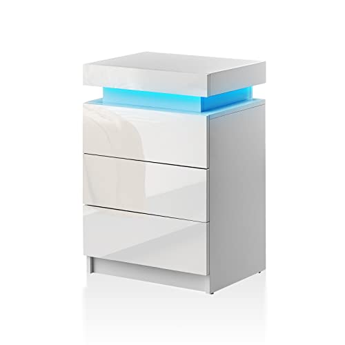 TUKAILAi Set of 2 Modern Nightstand with LED Light, High Gloss Bedside Table Cabinet with 3 Drawers and Top Storage, Chest of Drawers for Bedroom Living Room (White)