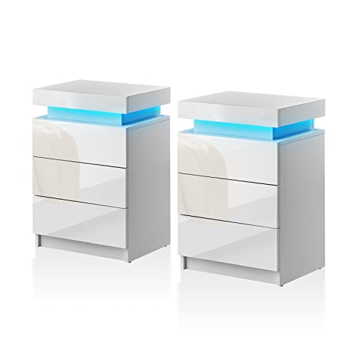 TUKAILAi Set of 2 Modern Nightstand with LED Light, High Gloss Bedside Table Cabinet with 3 Drawers and Top Storage, Chest of Drawers for Bedroom Living Room (White)