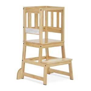 dream on me 2-in-1 funtastic tower and step stool, easy to assemble, multi-purpose stool with non-toxic paint finish, made of solid pinewood, natural