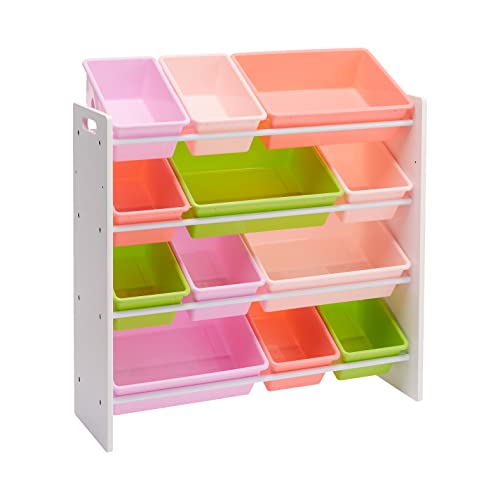 Amazon Basics Kids Toy Storage Organizer With 12 Plastic Bins, White Wood With Pink Bins, 10.9" D x 33.6" W x 31.1" H