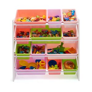 Amazon Basics Kids Toy Storage Organizer With 12 Plastic Bins, White Wood With Pink Bins, 10.9" D x 33.6" W x 31.1" H