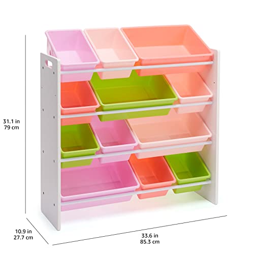 Amazon Basics Kids Toy Storage Organizer With 12 Plastic Bins, White Wood With Pink Bins, 10.9" D x 33.6" W x 31.1" H