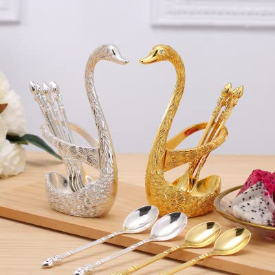 Coffee Spoon Set, Swan Base Holder Spoon Organizer Stainless Steel Dessert Teaspoons Creative Tableware Organizer Decoration Dinnerware for Household Stirring Mixing Cappuccino Sugar Cake Soup(Gold)