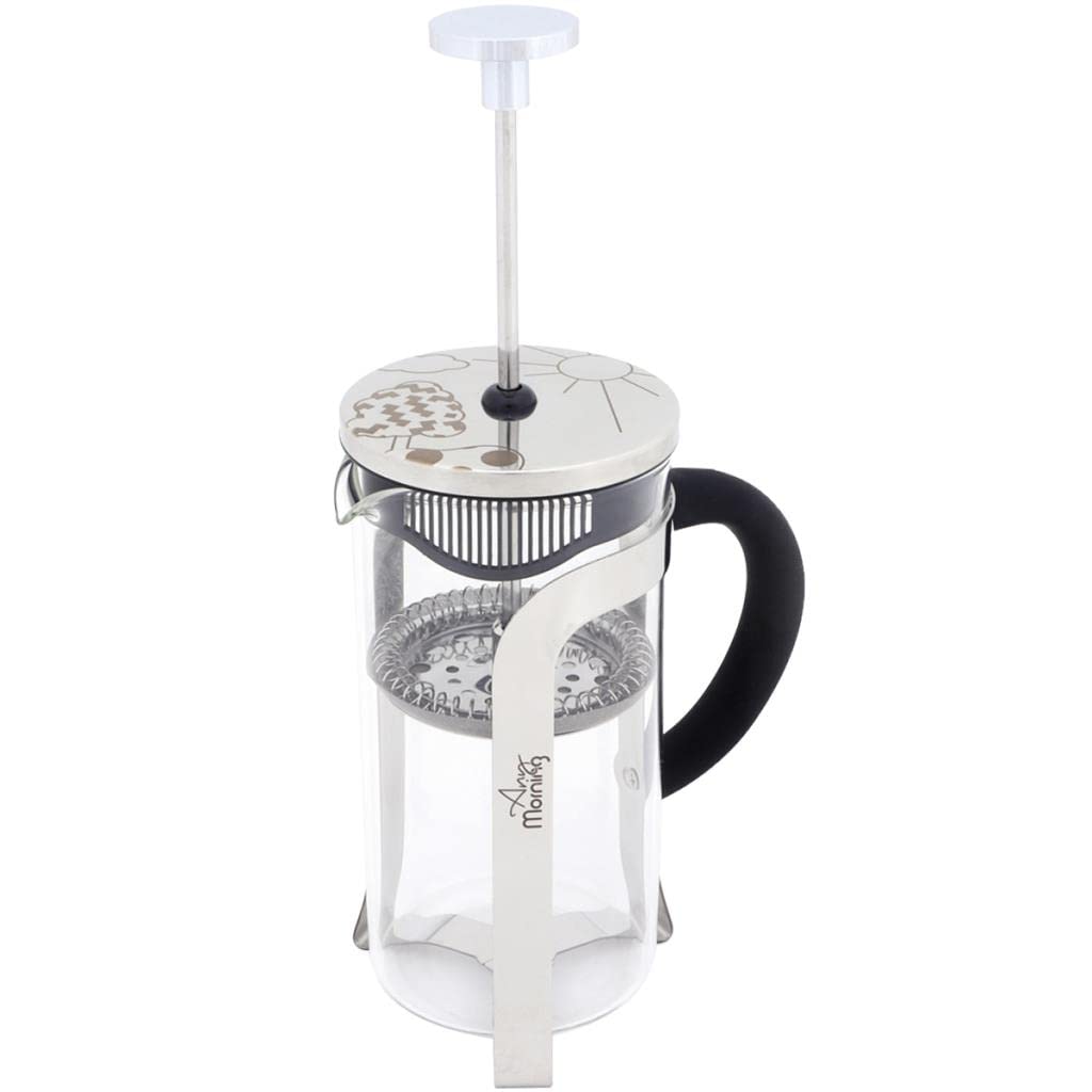 Any Morning French Press Coffee and Tea Maker, Borosilicate Glass Coffee Press, Stainless Steel Filter, Durable and Heat Resistant, Silver (600 ml, 20 oz, 2 Cup)