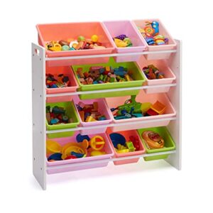 Amazon Basics Kids Toy Storage Organizer With 12 Plastic Bins, White Wood With Pink Bins, 10.9" D x 33.6" W x 31.1" H