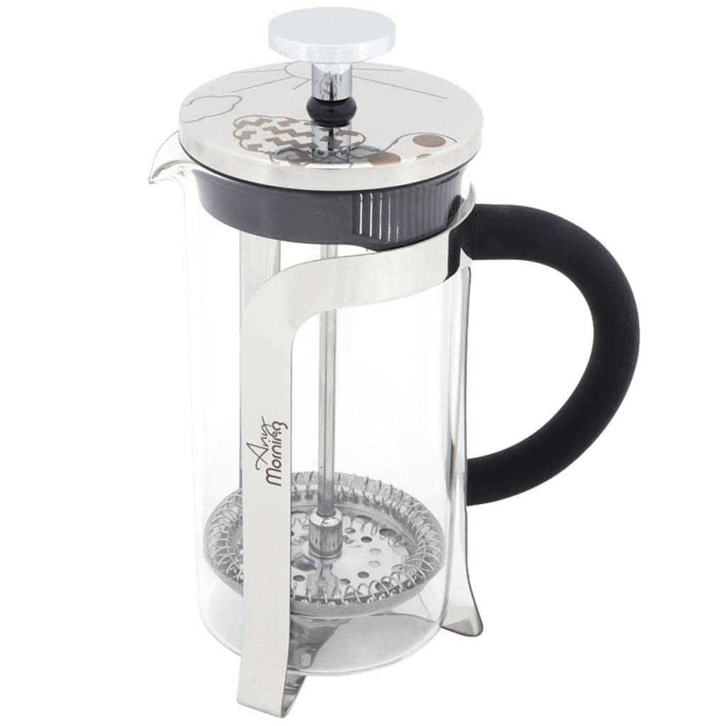 Any Morning French Press Coffee and Tea Maker, Borosilicate Glass Coffee Press, Stainless Steel Filter, Durable and Heat Resistant, Silver (600 ml, 20 oz, 2 Cup)