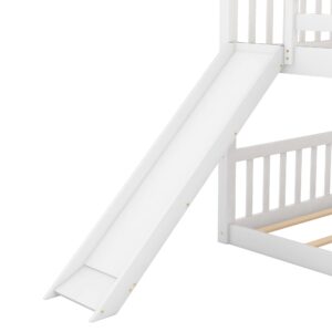 Harper & Bright Designs Low Bunk Beds with Slide, Solid Wood Twin Over Twin Bunk Beds Frame with Ladder, Safety Guardrail, Twin Size Floor Bunk Bed for Kids, Teens, White