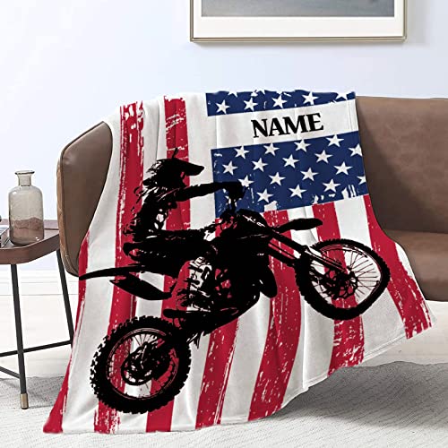 American Flag Motocross Dirtbike Custom Blanket Personalized Name Blanket with Text for Great Gift for Family, Christmas, Soft Flannel Customized Name Blankets for Girls, Boys M 60"x50" for Teen