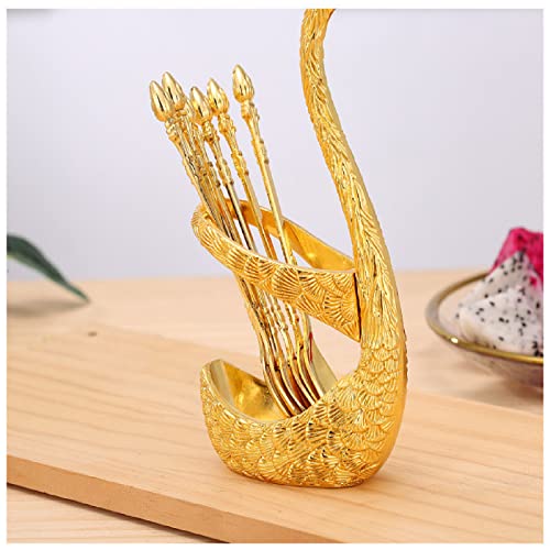 Coffee Spoon Set, Swan Base Holder Spoon Organizer Stainless Steel Dessert Teaspoons Creative Tableware Organizer Decoration Dinnerware for Household Stirring Mixing Cappuccino Sugar Cake Soup(Gold)