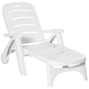 outsunny outdoor chaise lounge, 5 level adjustable backrest lounge chair with wheels, folding tanning chair for pool, beach, patio, garden, white