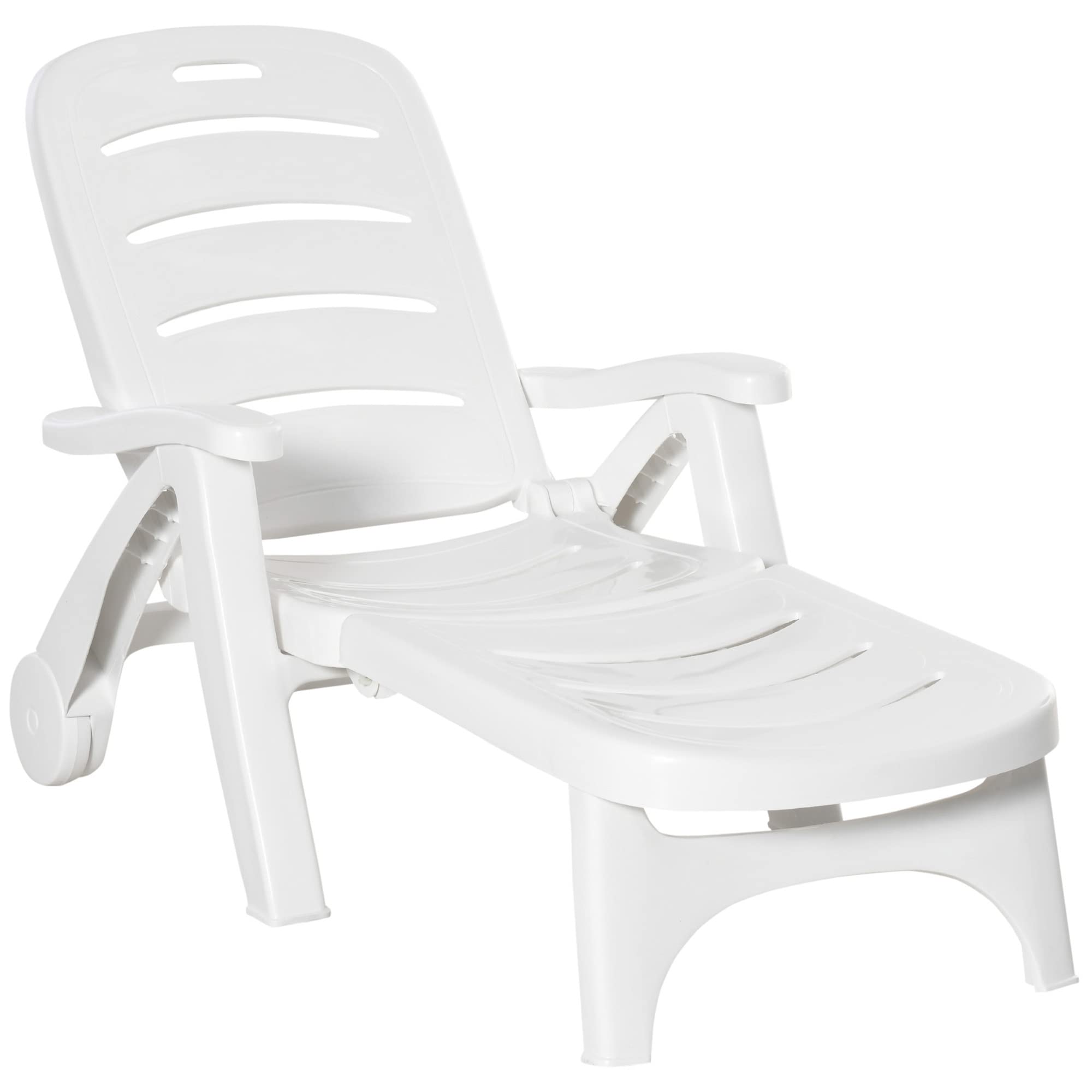 Outsunny Outdoor Chaise Lounge, 5 Level Adjustable Backrest Lounge Chair with Wheels, Folding Tanning Chair for Pool, Beach, Patio, Garden, White