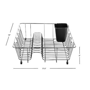 Home Basics Vinyl Coated Wire Dish Drying Rack with Square Utensil Holder, (Black) Countertop Dish Drainer | Padded Feet to Protect Countertops | Dual Side Drinkware Space