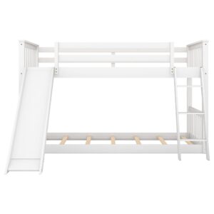 Harper & Bright Designs Low Bunk Beds with Slide, Solid Wood Twin Over Twin Bunk Beds Frame with Ladder, Safety Guardrail, Twin Size Floor Bunk Bed for Kids, Teens, White