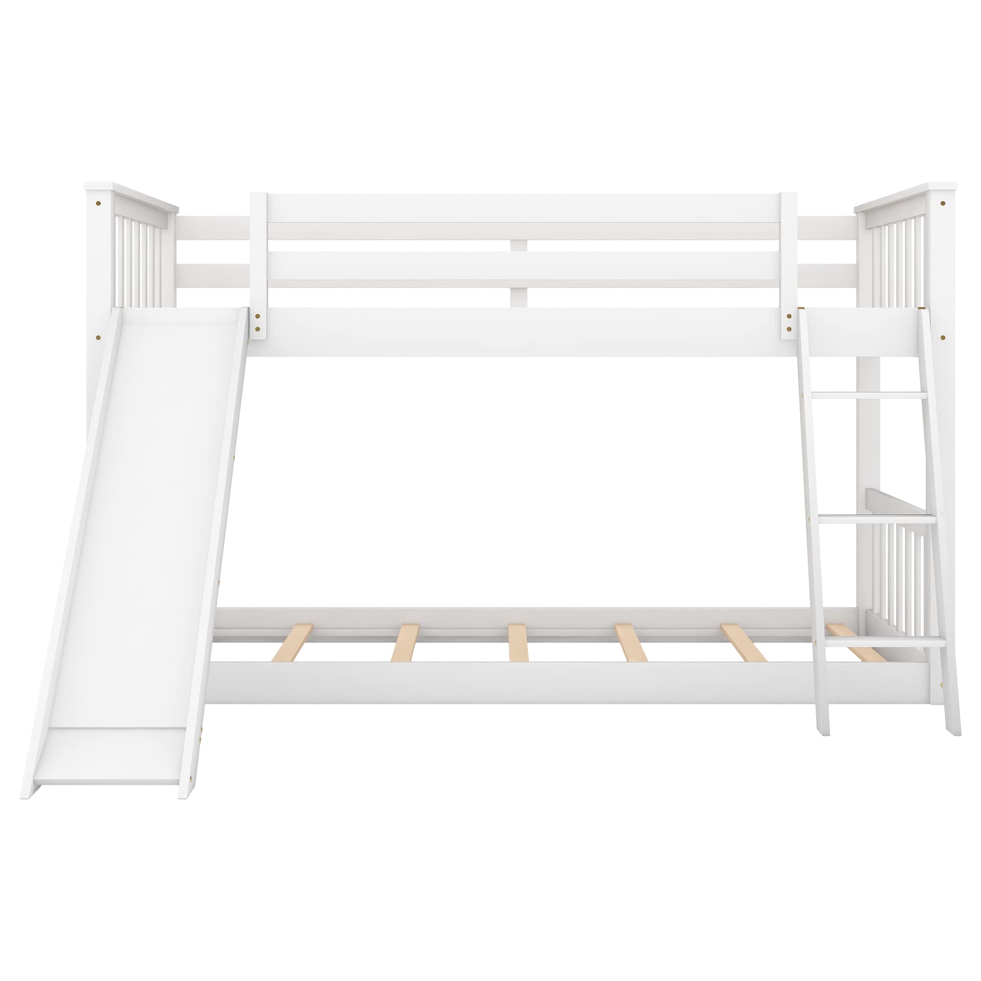 Harper & Bright Designs Low Bunk Beds with Slide, Solid Wood Twin Over Twin Bunk Beds Frame with Ladder, Safety Guardrail, Twin Size Floor Bunk Bed for Kids, Teens, White