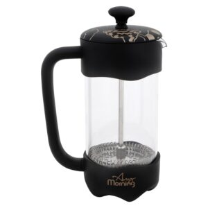 any morning french press coffee maker,tea & coffee press with triple stainless steel filter, small french press coffee brewer for camping and travel, borosilicate glass, 11 oz, black