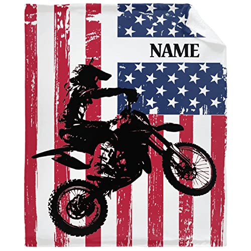 American Flag Motocross Dirtbike Custom Blanket Personalized Name Blanket with Text for Great Gift for Family, Christmas, Soft Flannel Customized Name Blankets for Girls, Boys M 60"x50" for Teen