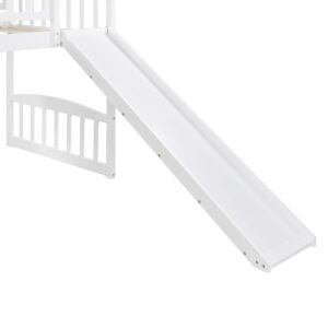 Twin Size Low Loft Bed with Slide and Ladder, Wooden Loft Bed Frame for Kids Girls Boys – White