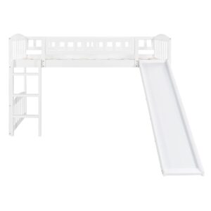 Twin Size Low Loft Bed with Slide and Ladder, Wooden Loft Bed Frame for Kids Girls Boys – White