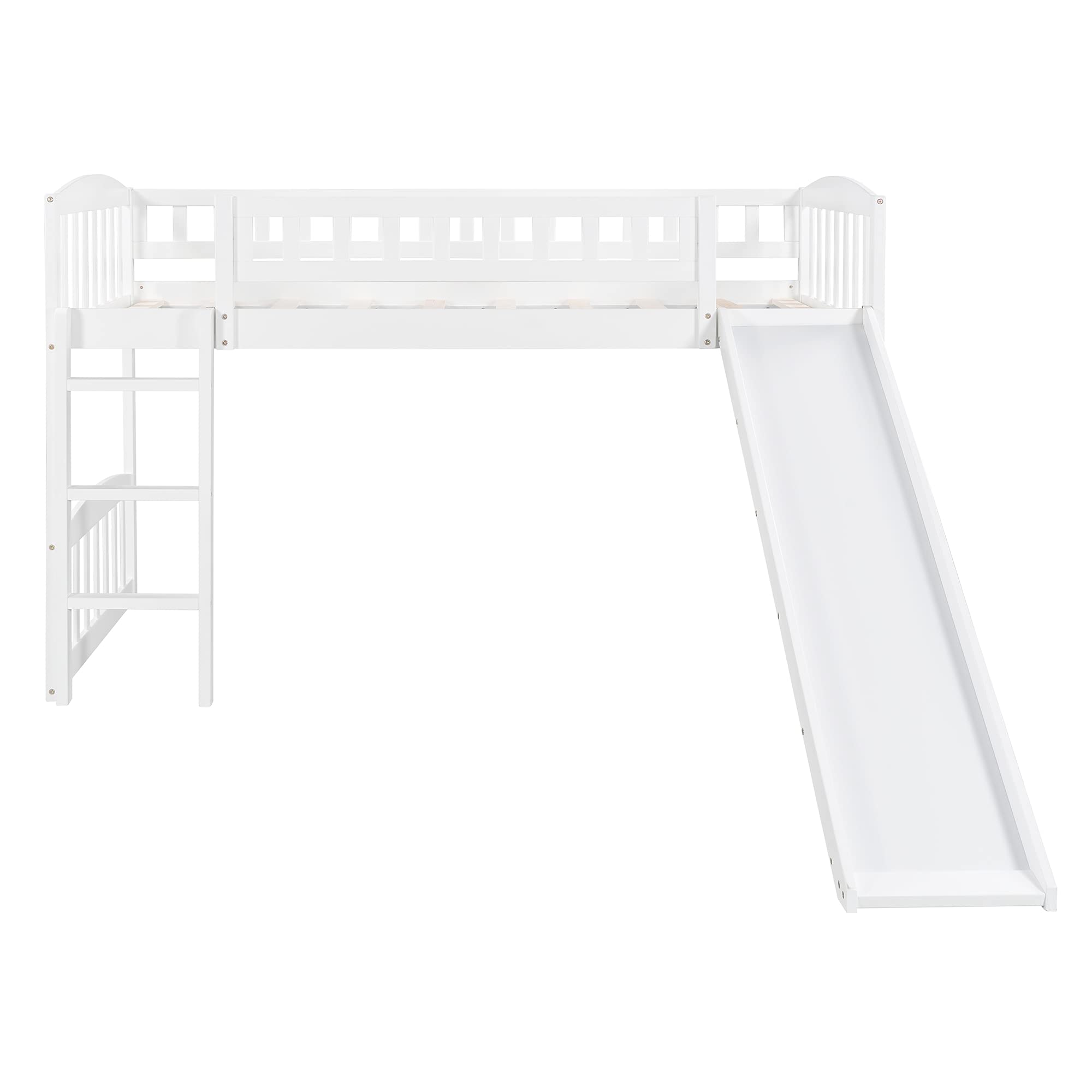 Twin Size Low Loft Bed with Slide and Ladder, Wooden Loft Bed Frame for Kids Girls Boys – White