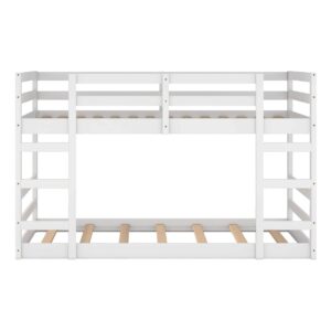 Harper & Bright Designs Kids Low Bunk Bed, Wood Twin Over Twin Floor Bunk Bed Frame with Ladder, Safety Guardrail, Twin Size Floor Bunk Bed, No Box Spring Needed, White